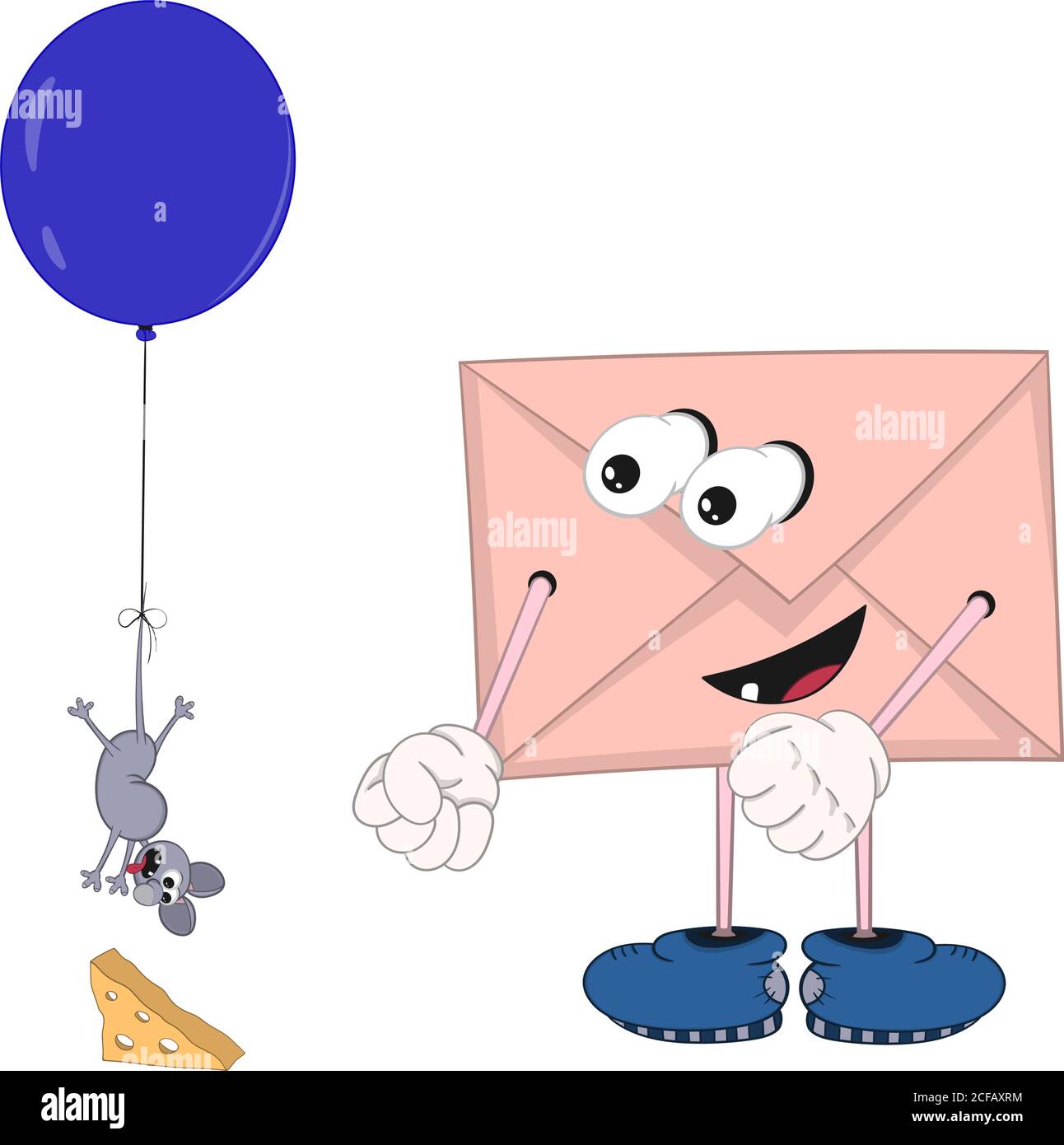 funny cartoon envelope with eyes, legs and hands happily looking like a little mouse flying in a balloon. Stock Vector