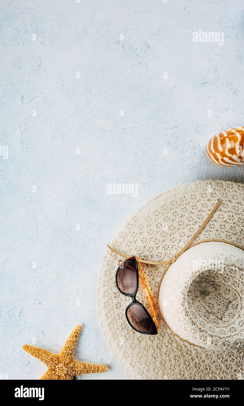 Trendy and sunglasses near seashells and starfish for summer vacation concept on plaster surface Stock Photo