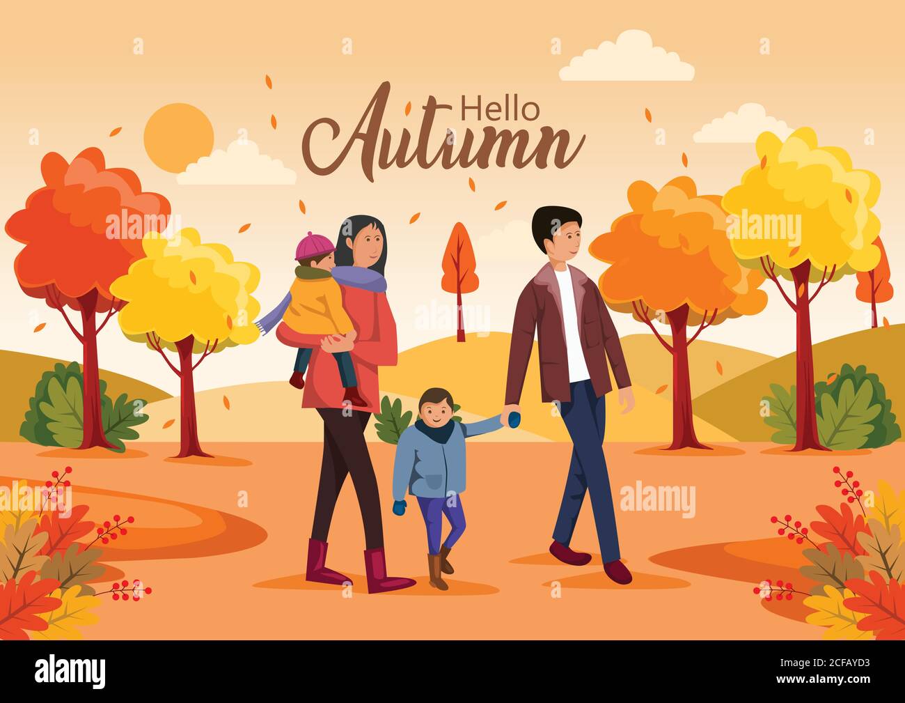 cute happy family walking on nature. Hello Autumn Vector illustration ...