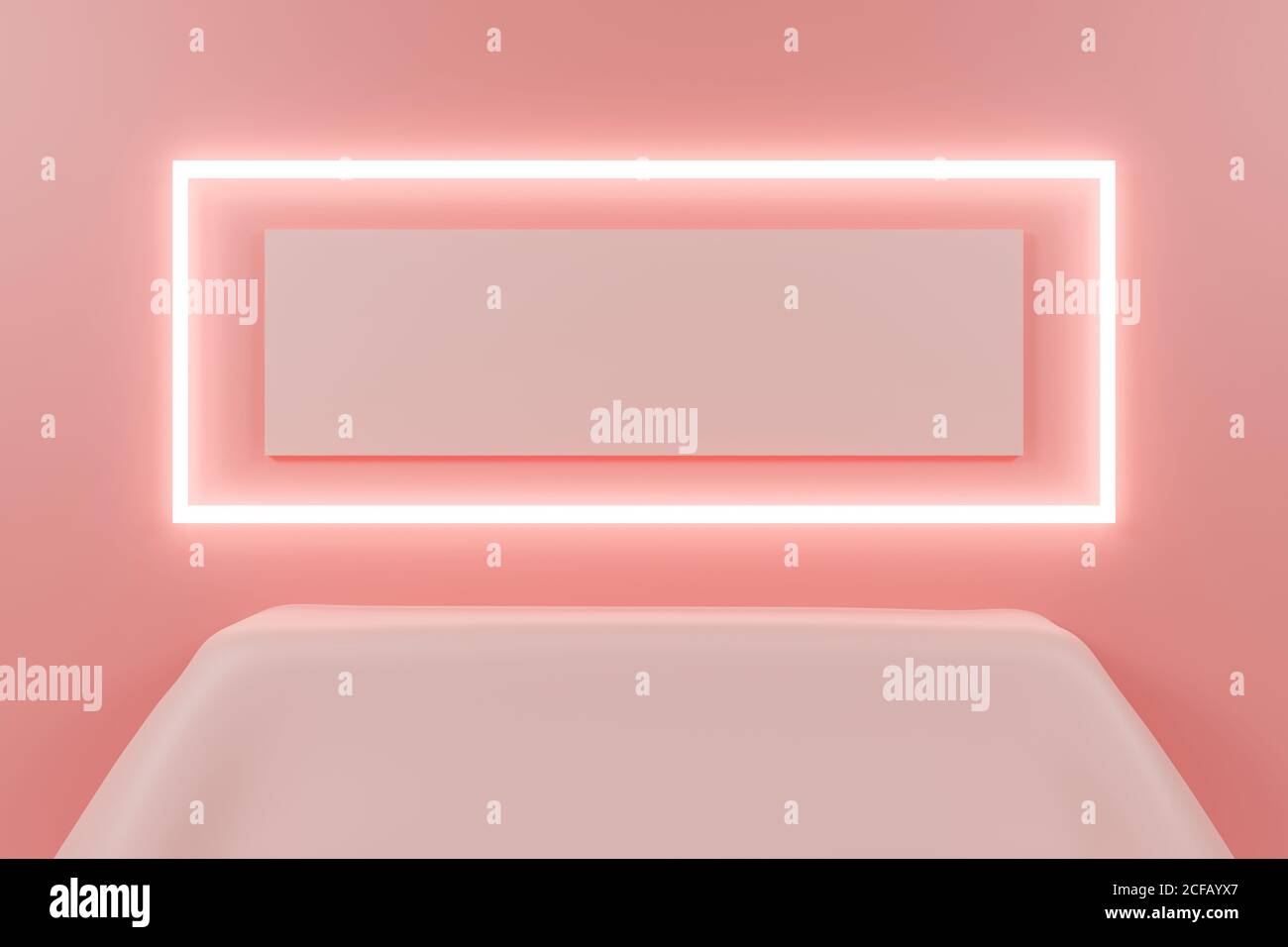 3d render glowing neon frame and empty podium cover with clothes on pink wall backgrou Stock Photo