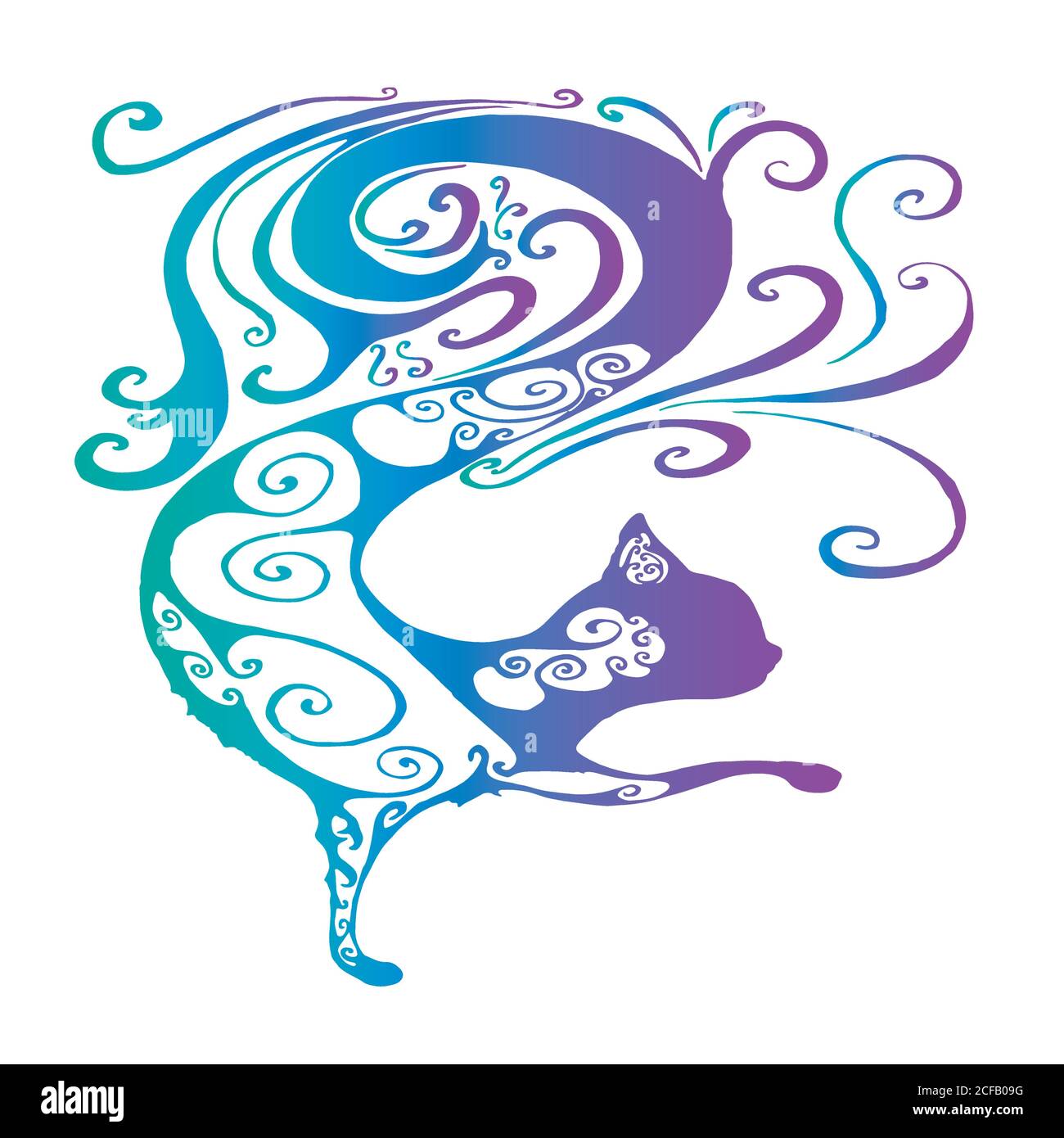 Funny fairy tale psychedelic silhouette of a cat isolated on whi Stock Vector