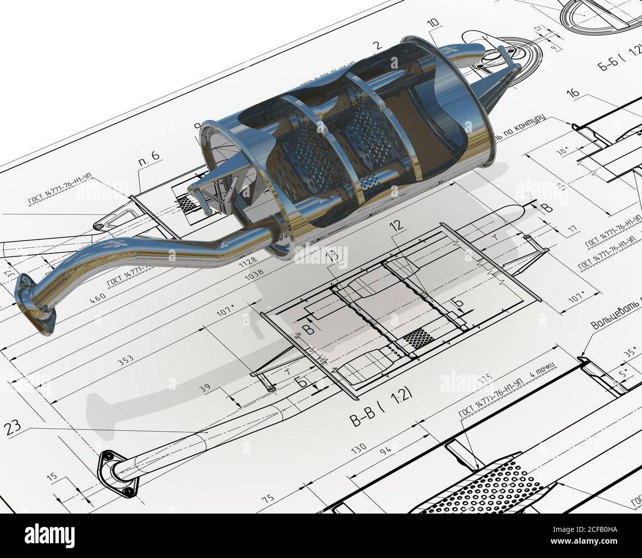 Car exhaust silencer on the drawing background. 3D model of the car