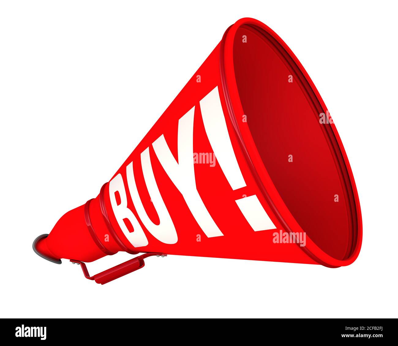 Buy! The labeled megaphone. Red megaphone with white text BUY! on a