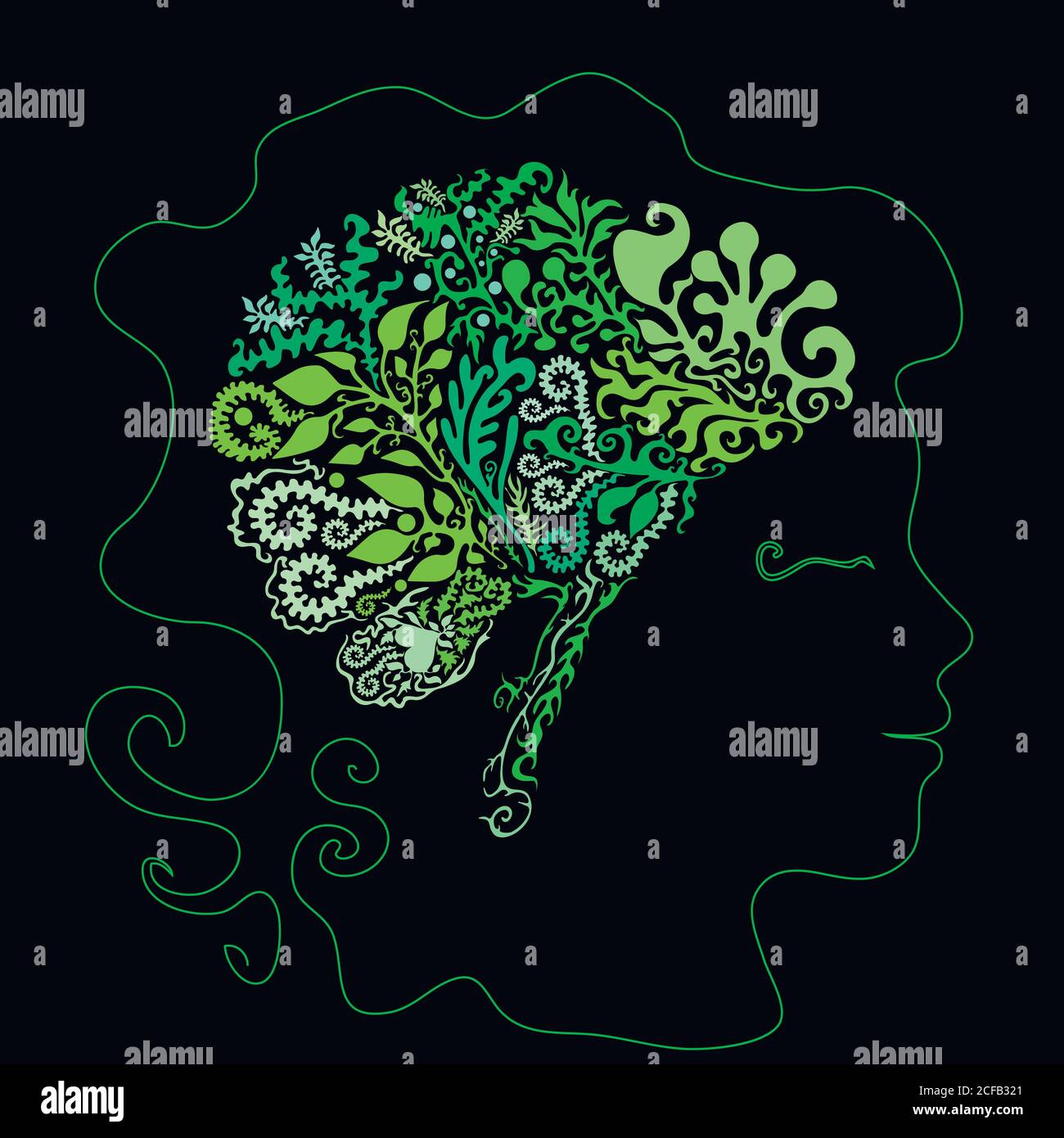 Vector, silhouette of a man s head, design of a brain in the for Stock ...