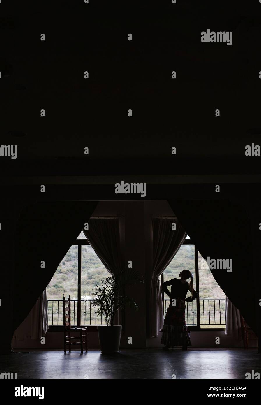 Side view of Woman dancer silhouette at window in big dark majestic hall Stock Photo