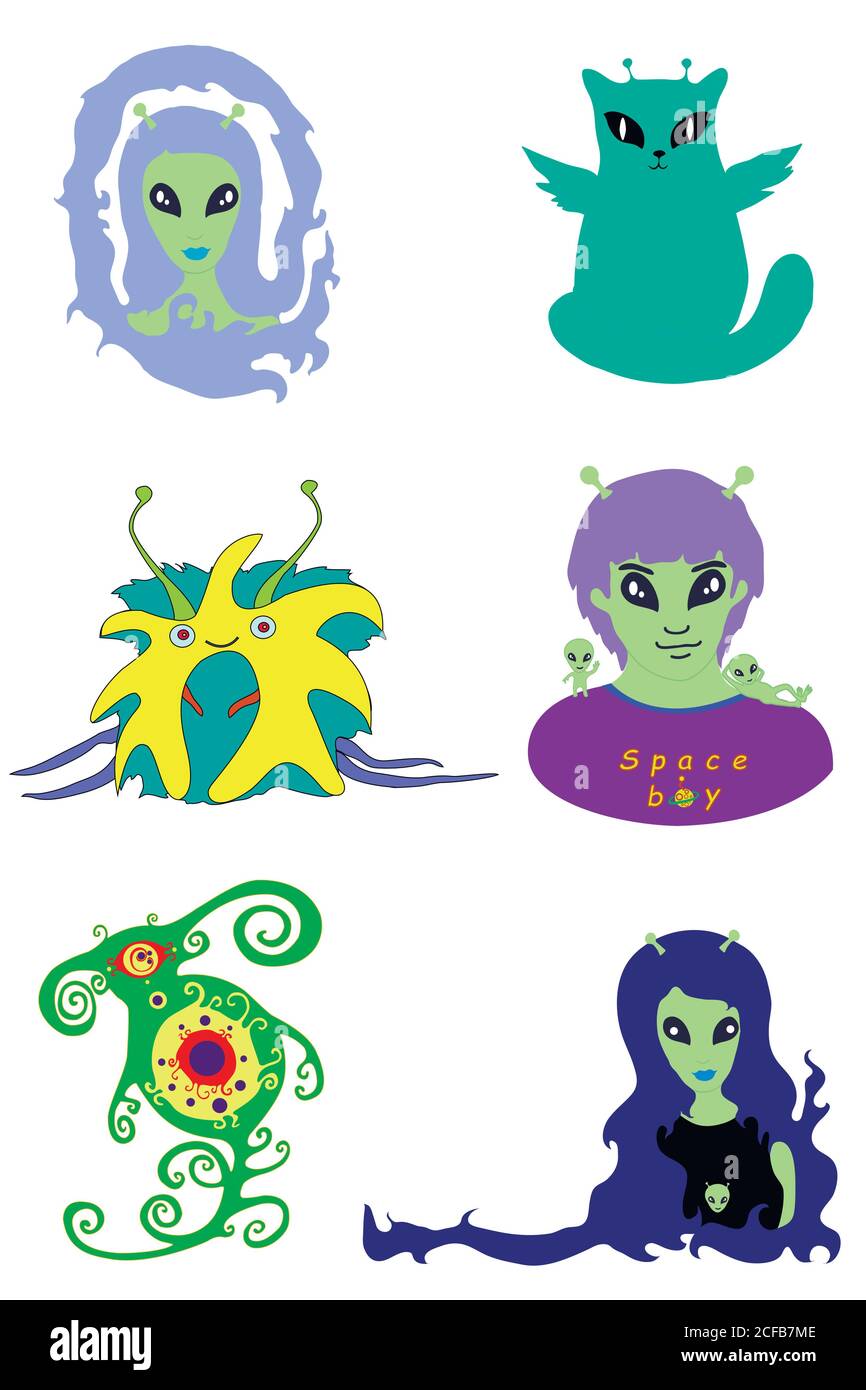 Collection cartoon aliens. Set vector extraterrestrial faces is Stock ...