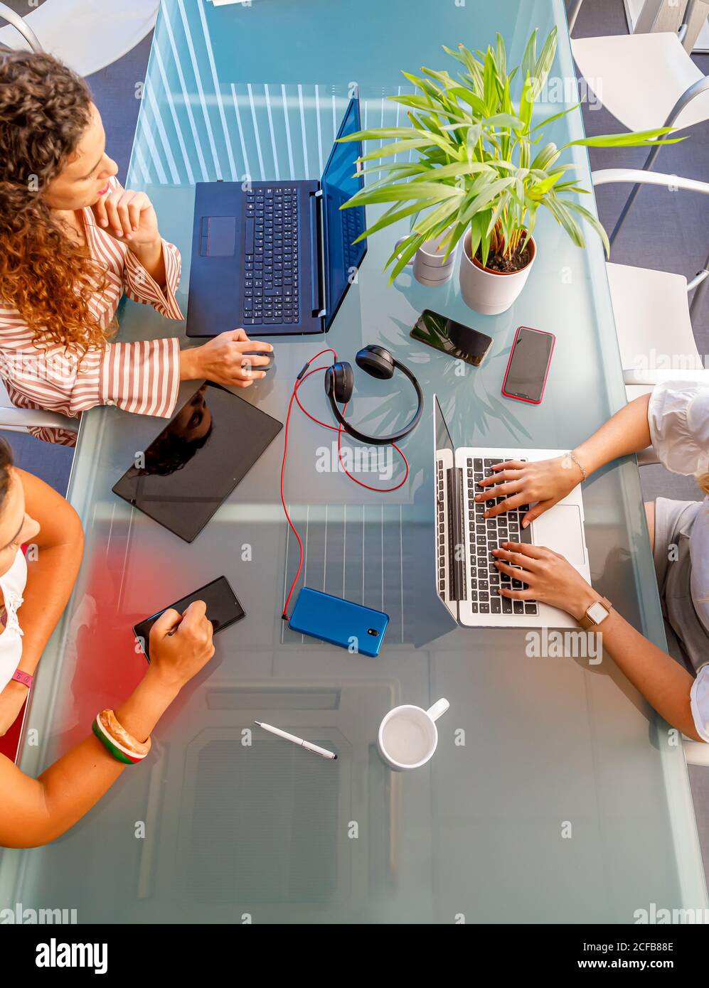 faceless colleagues working at laptops in office Stock Photo