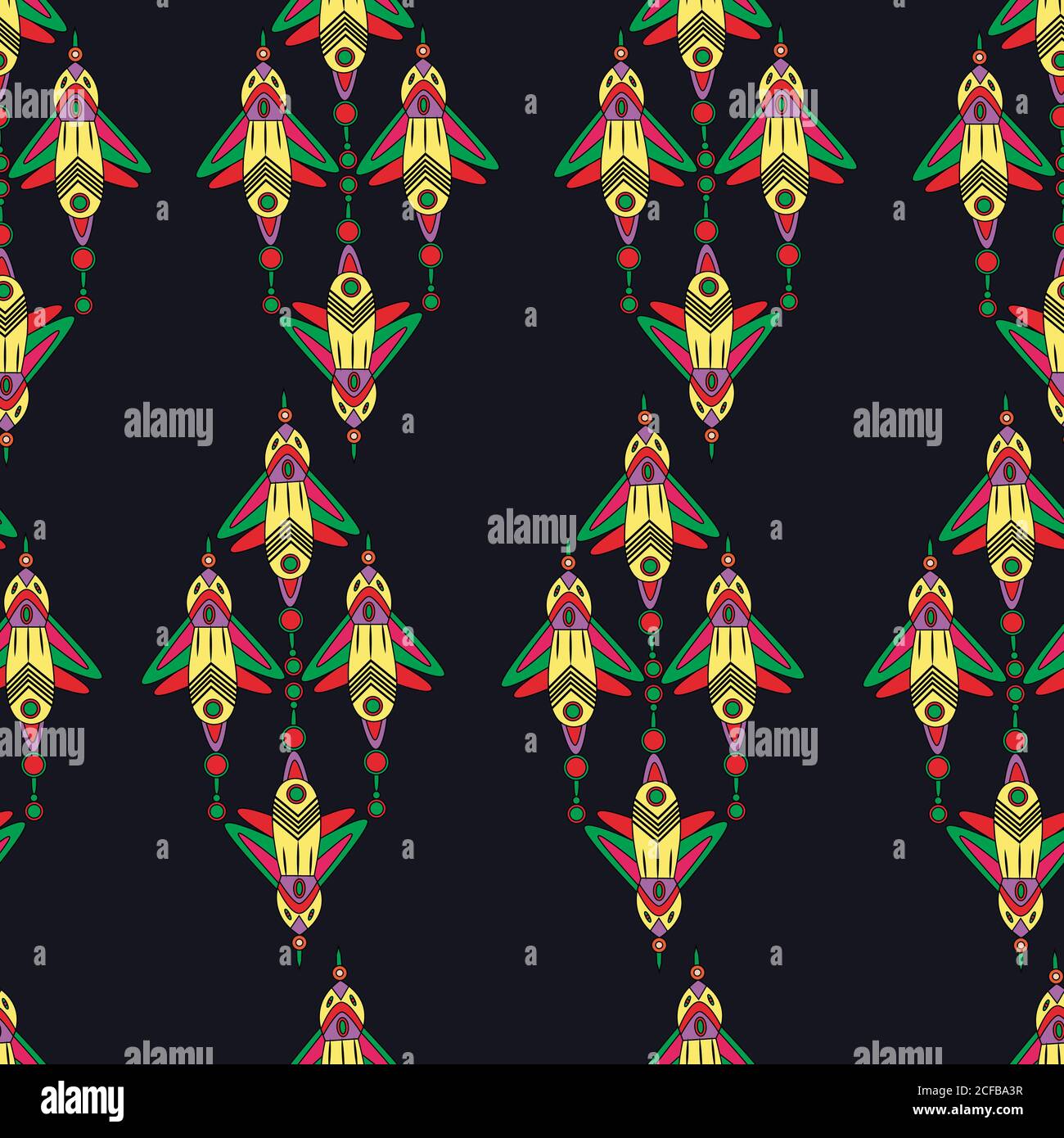 Fantasy cartoon cyberpunk insects seamless pattern. Stock Vector