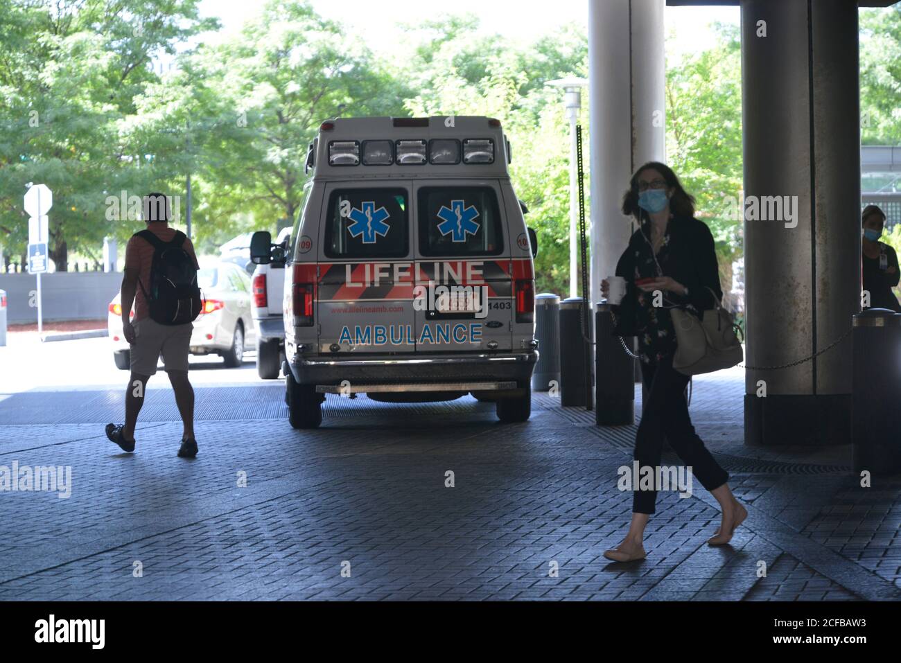Boston, Massachusetts, USA. 1st Sep, 2020. Ambulance arrive and people