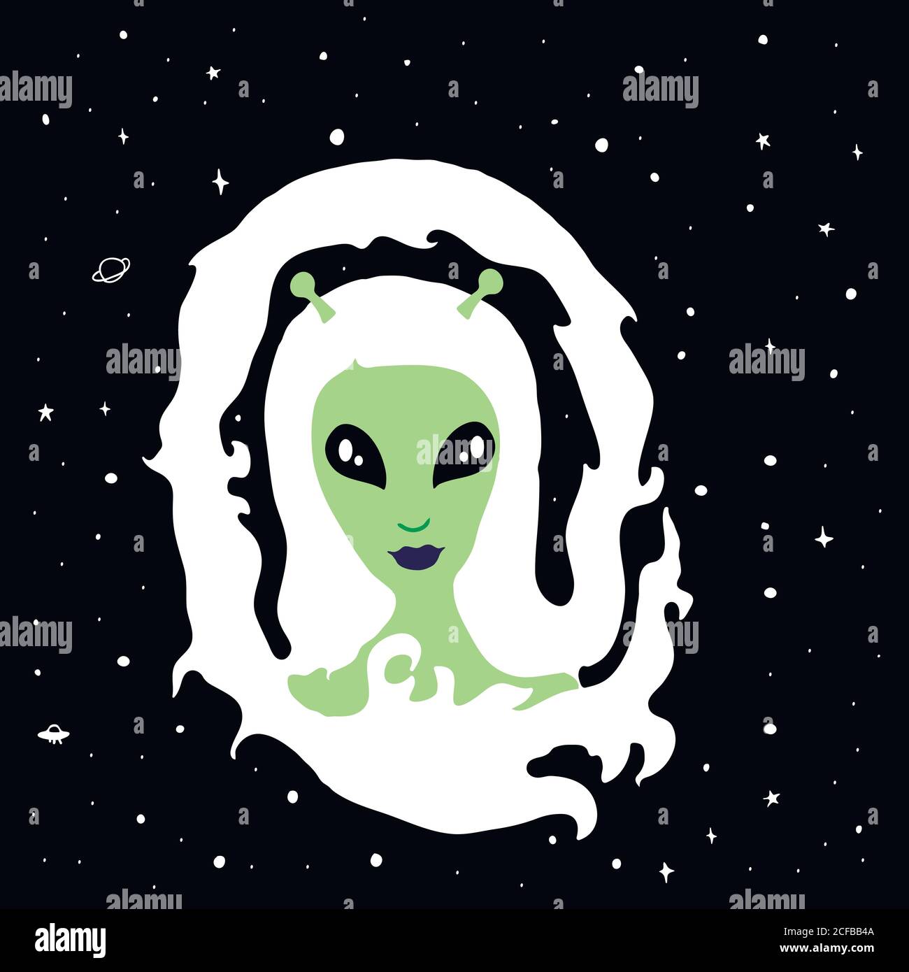 Fantastic, funny, cartoon, face girl alien, with antennas, green skin,  white long hair, isolated background space Stock Vector Image & Art - Alamy