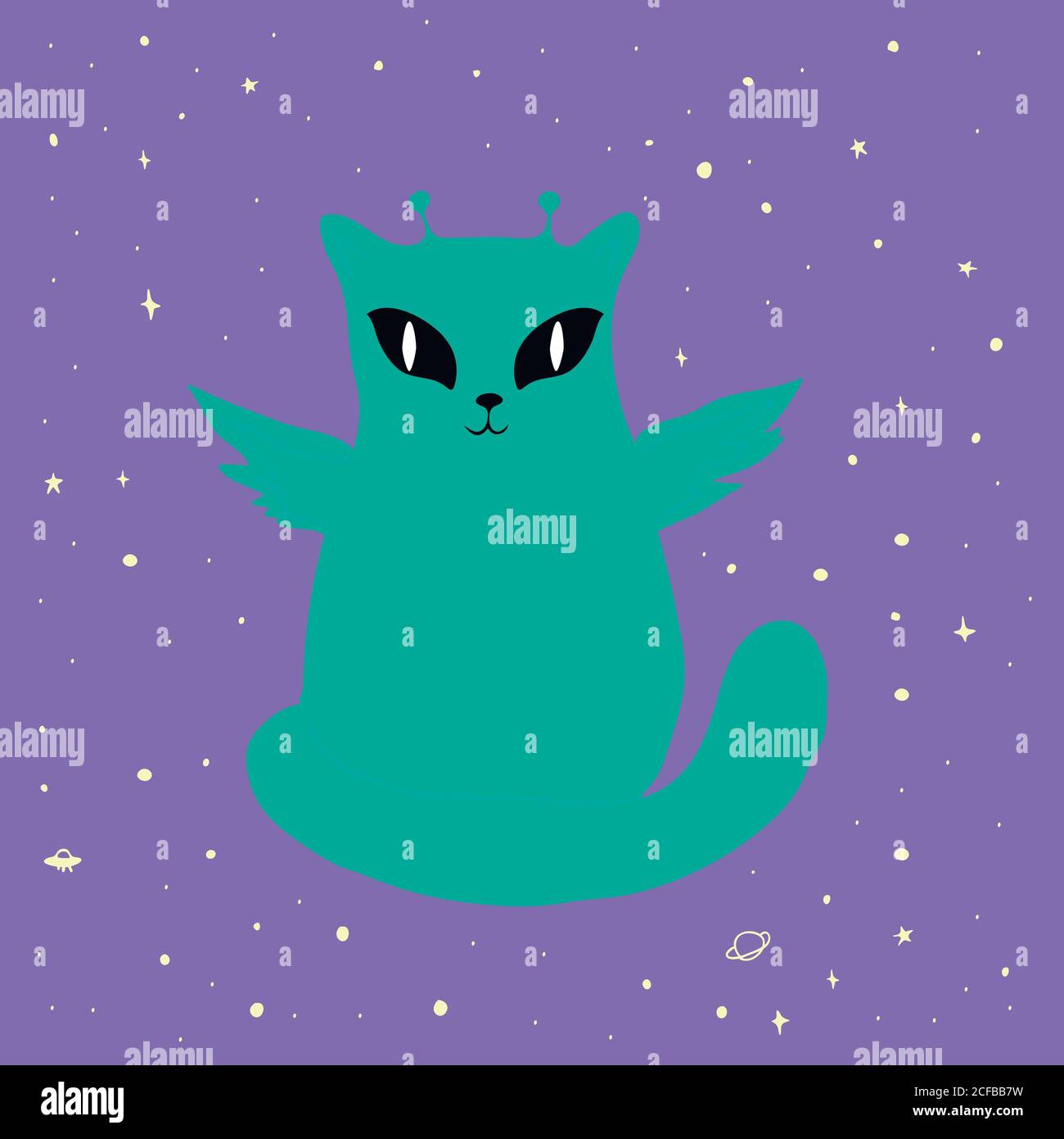 Funny space alien cat with wings,big eyes, antenna, isolated. Stock Vector