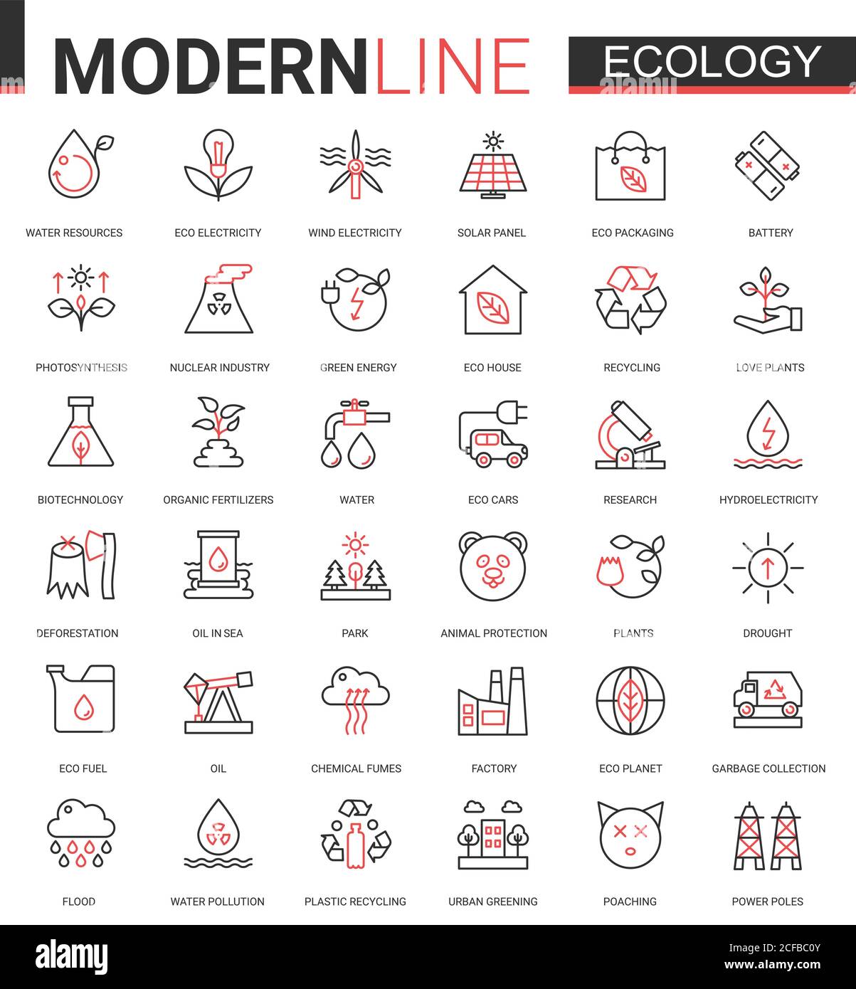 Ecology flat line icon vector illustration set. Red black thin linear design collection of ecosystem environmental resource symbols, eco cars houses, modern green city technology to save environment Stock Vector