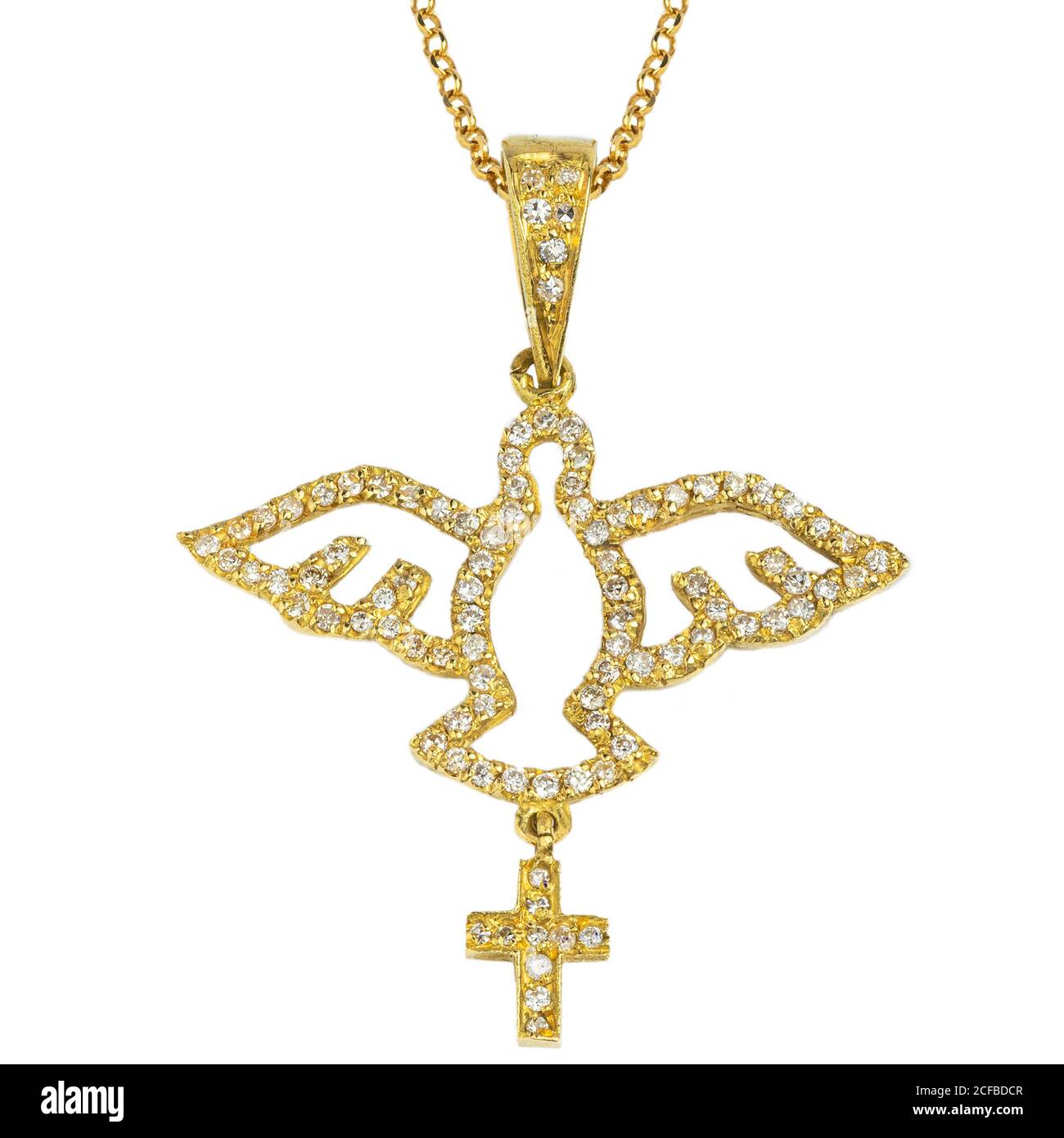 Gold diamond and gemstone necklace closeup macro isolated on white background Stock Photo