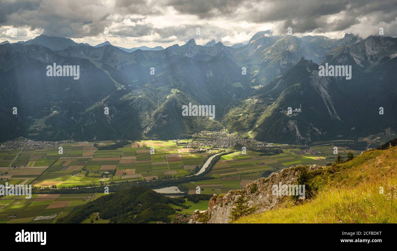 View on Canton of Vaud and Alps from the Berneuse mountain. Panoramic landscape of Switzerland Stock Photo