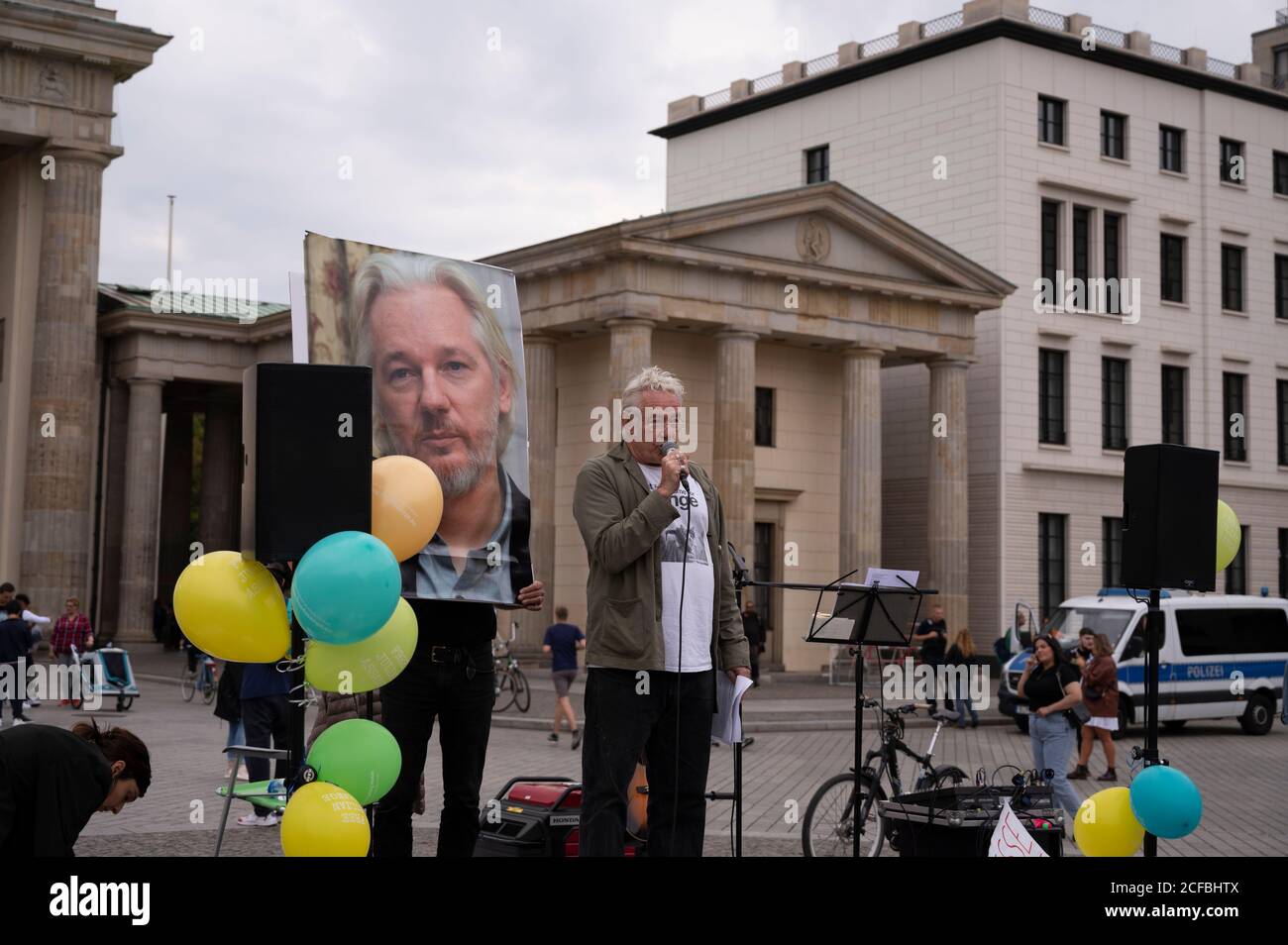 03/09/2020 - Berlin Germany - Julian Assange Anti Imprisonment Demonstration in the front of Brandenburg Gate Stock Photo