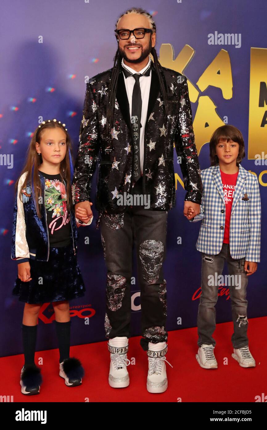 Moscow, Russia. 4th Sep, 2020. Singer Philipp Kirkorov (C) and children  Alla-Victoria and Martin Kristin attend an online ceremony to present the  3rd annual Zhara Music Awards at Karo 11 Oktyabr Cinema.