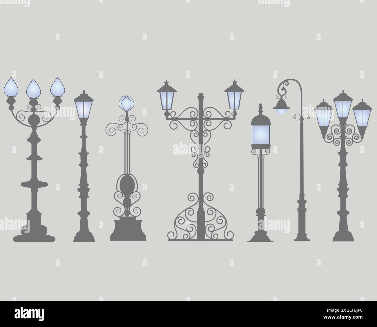 Collection of seven street lamps, isolated gray background. Figu Stock Vector