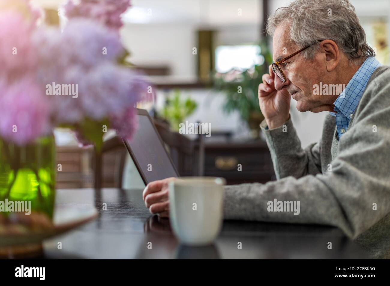 Senior man using laptop at home Stock Photo