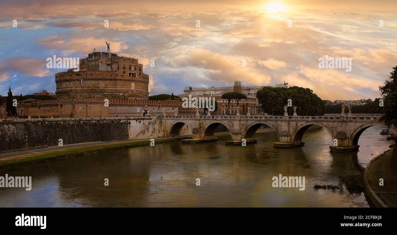 Ponte SantAngelo, originally the Aelian Bridge or Pons Aelius, is a Roman bridge in Rome, Italy, completed in 134 AD that runs over the Tiber River. Stock Photo