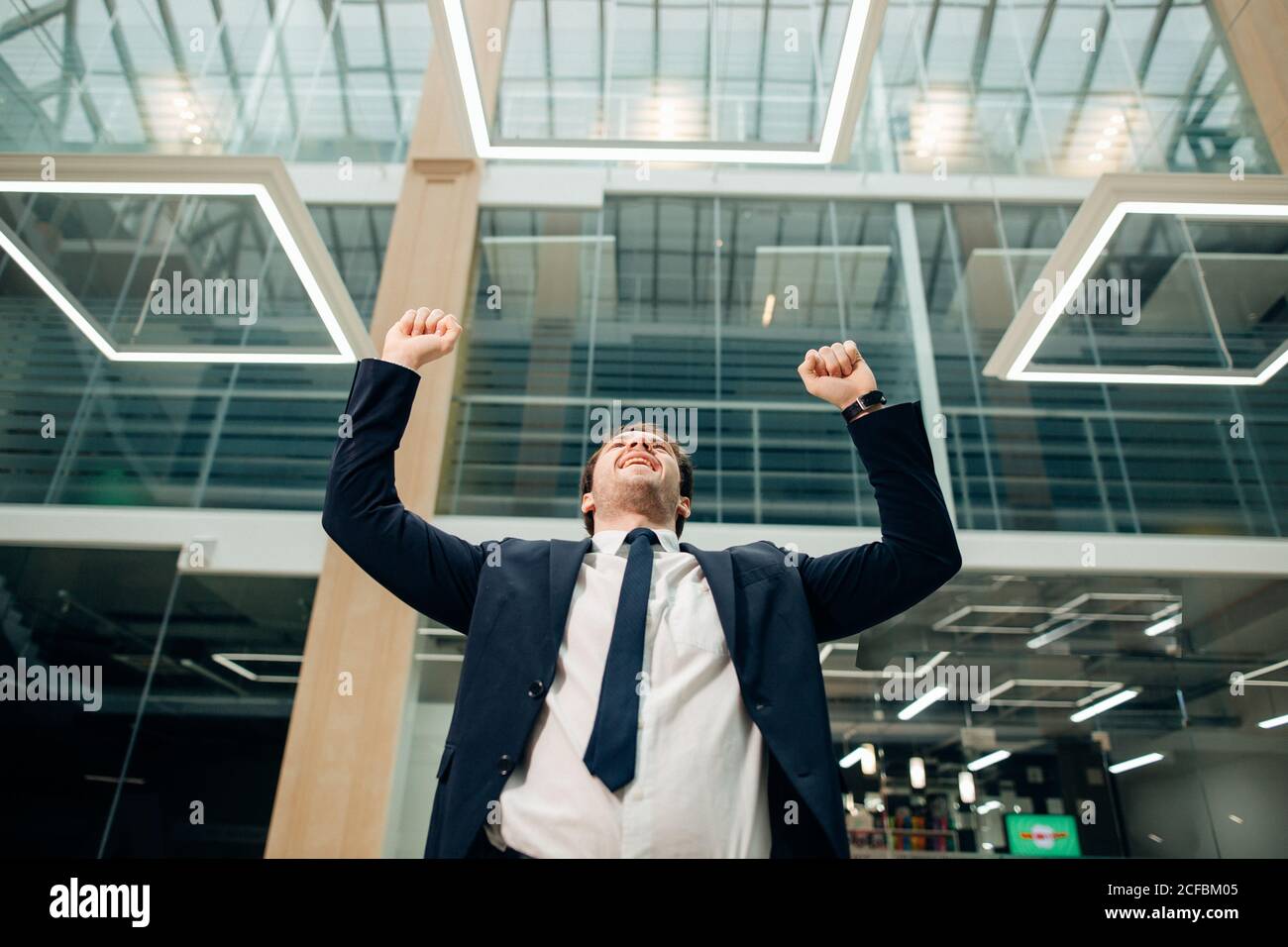 Successful businessman with arms up celebrating his victory Stock Photo ...