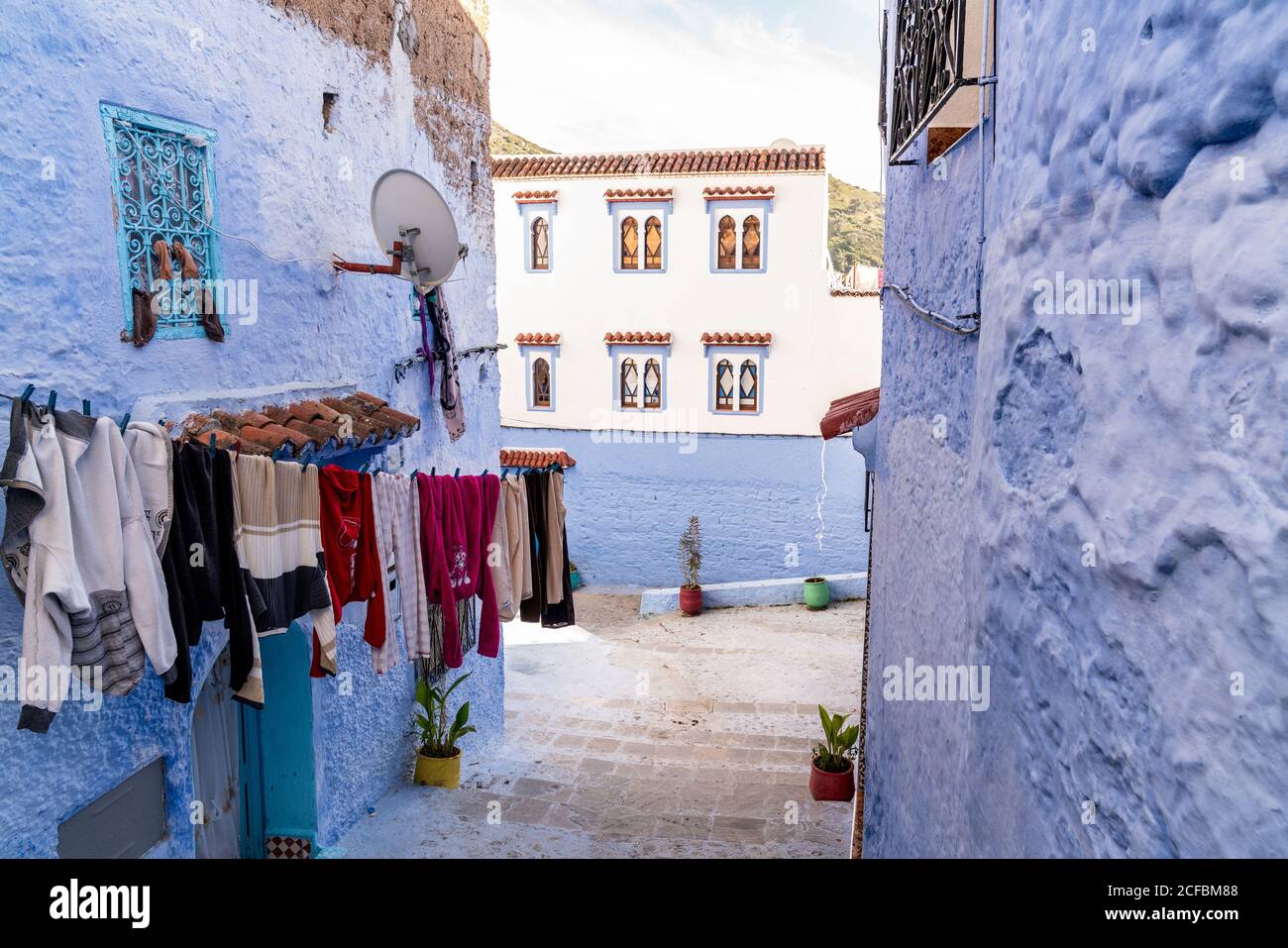 laundry line outside in Chefchaouen, Morocco Stock Photo