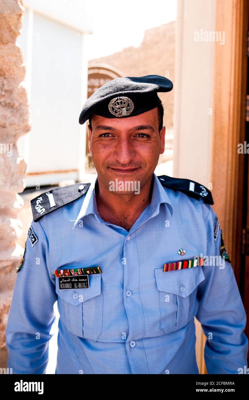 A Jordanian security guard at the entrance to Kerak Castle, Jordan