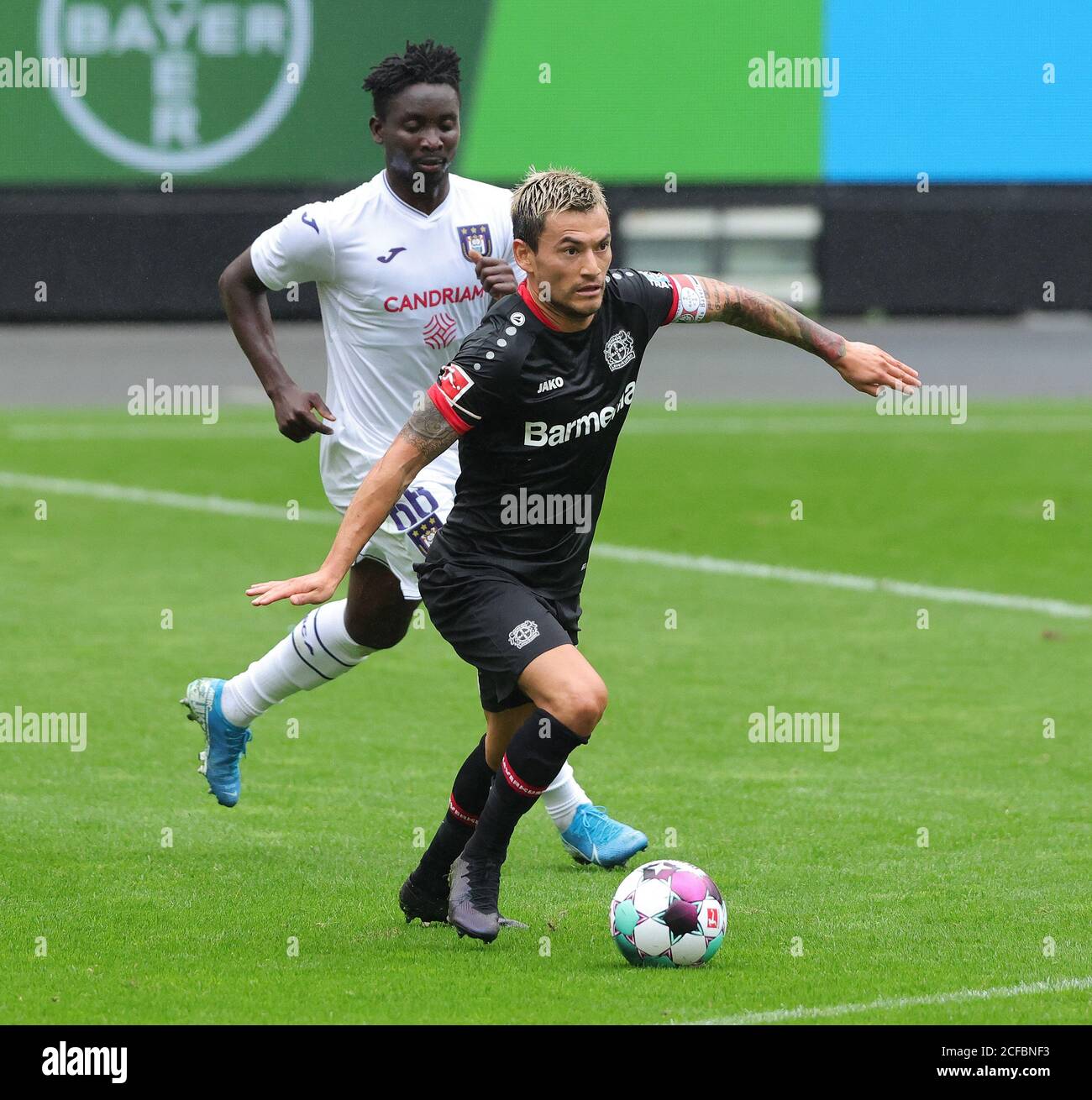 City Of Leverkusen, Deutschland. 04th Sep, 2020. firo: 04.09.2020, football, 1st Bundesliga, season 2020/2021, test match, Bayer 04 Leverkusen - RSC Anderlecht Charles ARANGUIZ, Leverkusen, duels | usage worldwide Credit: dpa/Alamy Live News Stock Photo