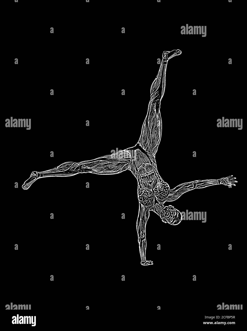 female bodybuilding in muscle maps is turning cartwheels in white background, 3d illustration Stock Photo