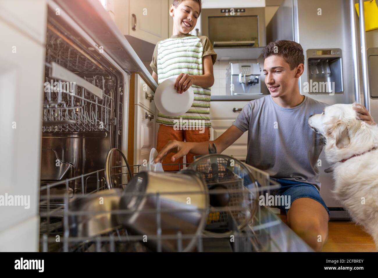 Two boys loading the dishwasher together at home Stock Photo