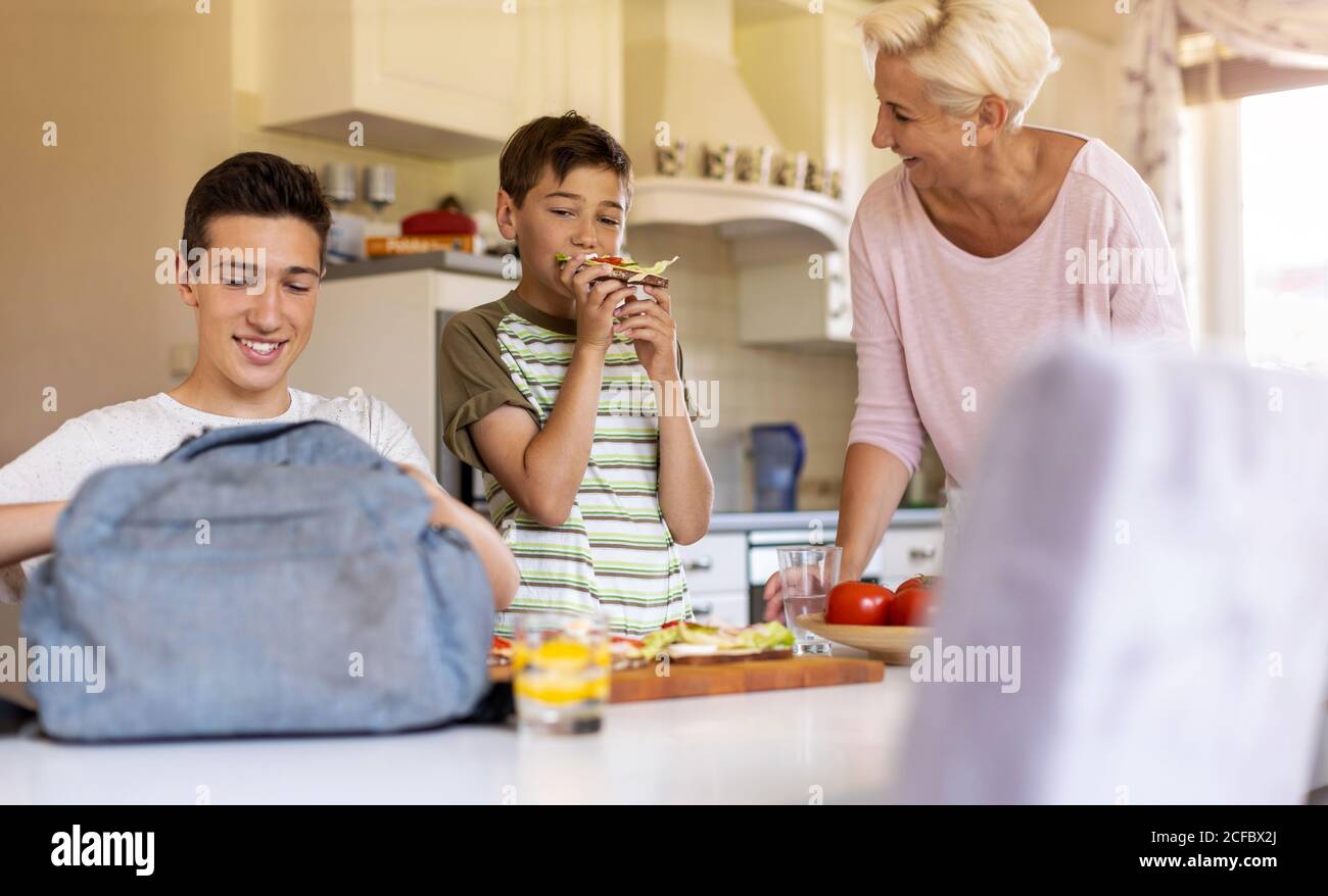 Mother helping her two sons get ready for school Stock Photo