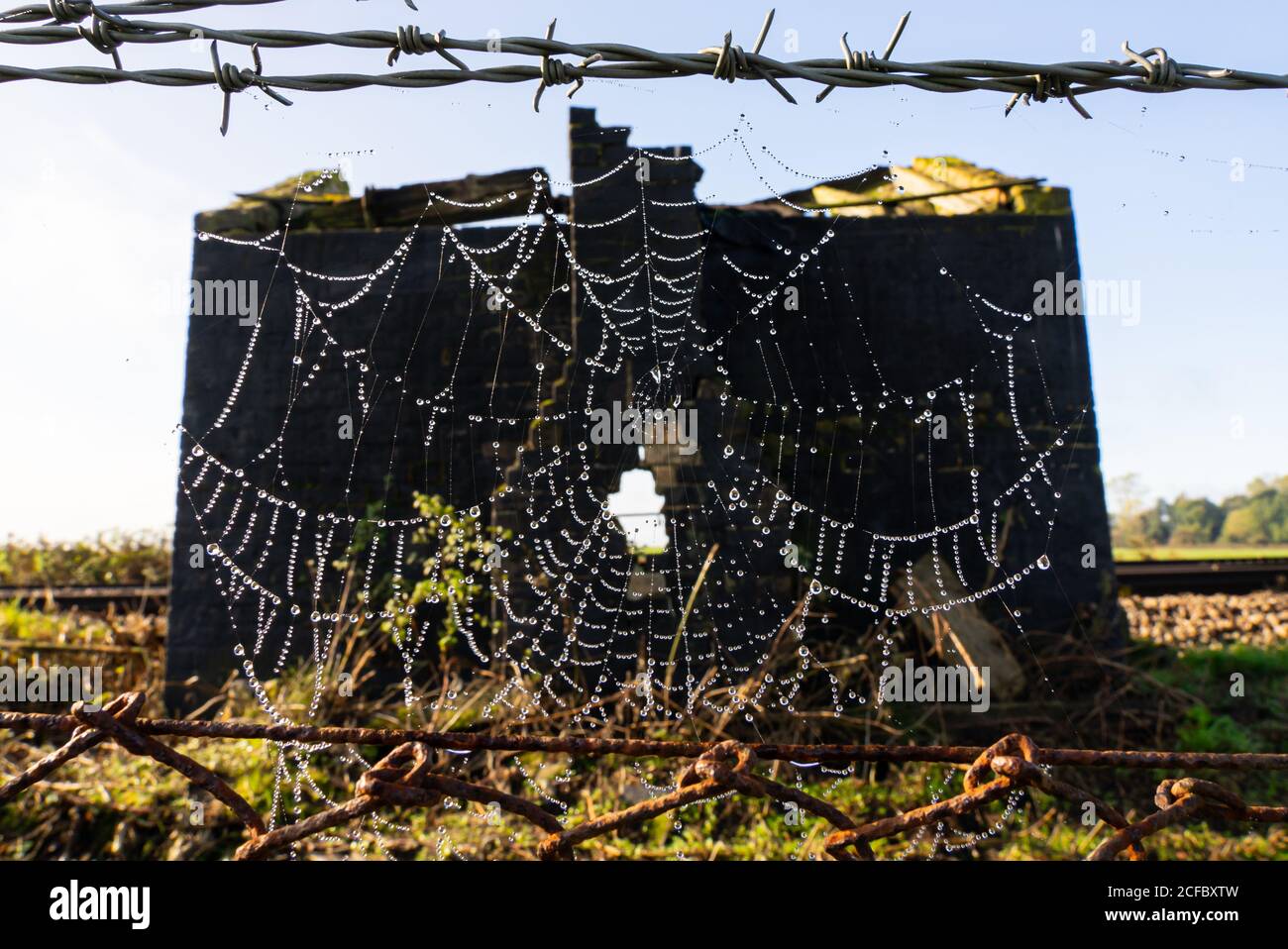 cobweb on track side fence in front of abandoned hut Stock Photo