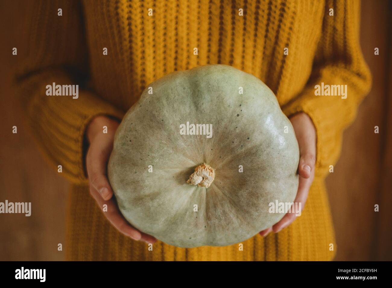 Female in yellow knitted sweater holding green pumpkin on rustic wooden background. Hello Autumn and Happy Thanksgiving, celebrating autumn holidays a Stock Photo