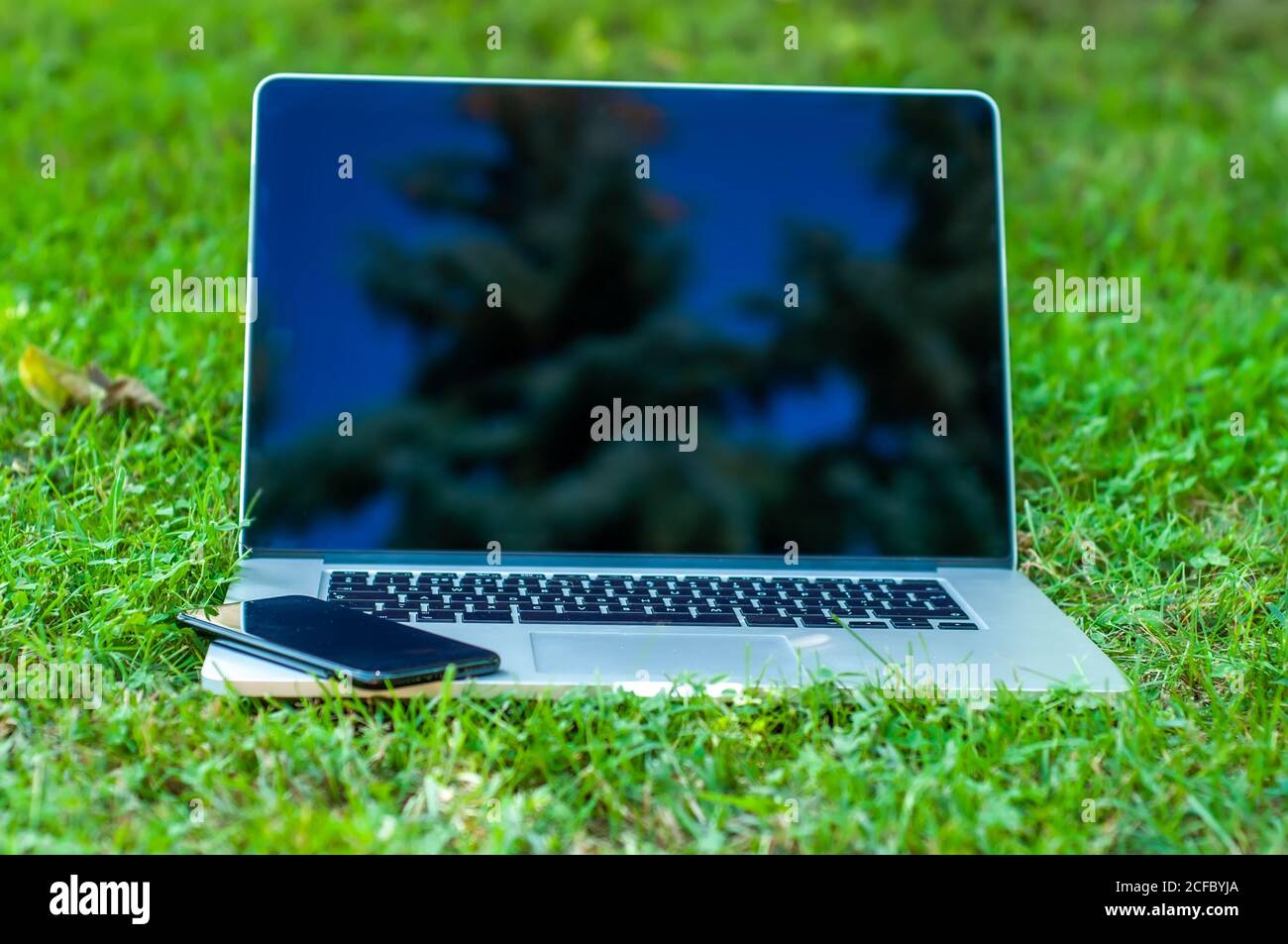 View on a laptop pc and a smartphone on the grass in the garden in a home office or home school enviroment on a sunny day. Stock Photo