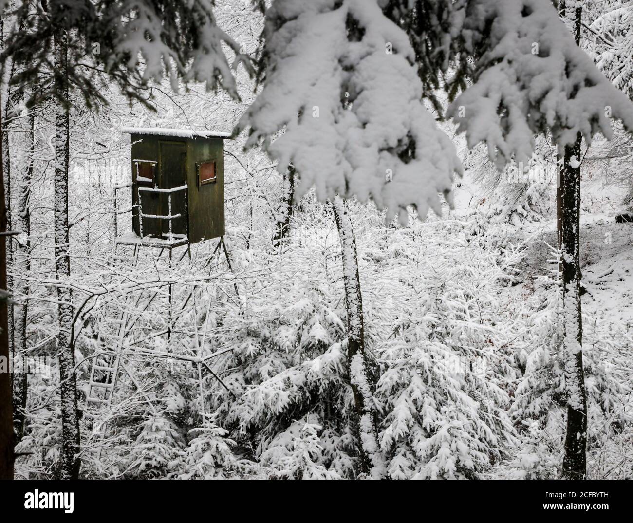 Hunting cabin in snowy landscape Stock Photo