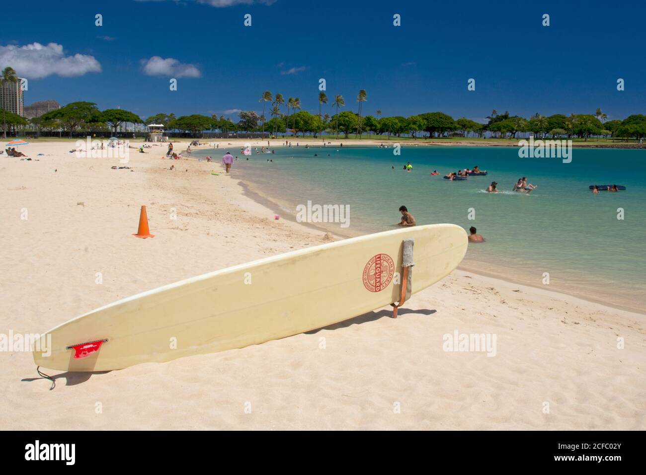 Lifeguard surfboard at Ala Moana Beach, Oahu, Hawaii, USA Stock Photo