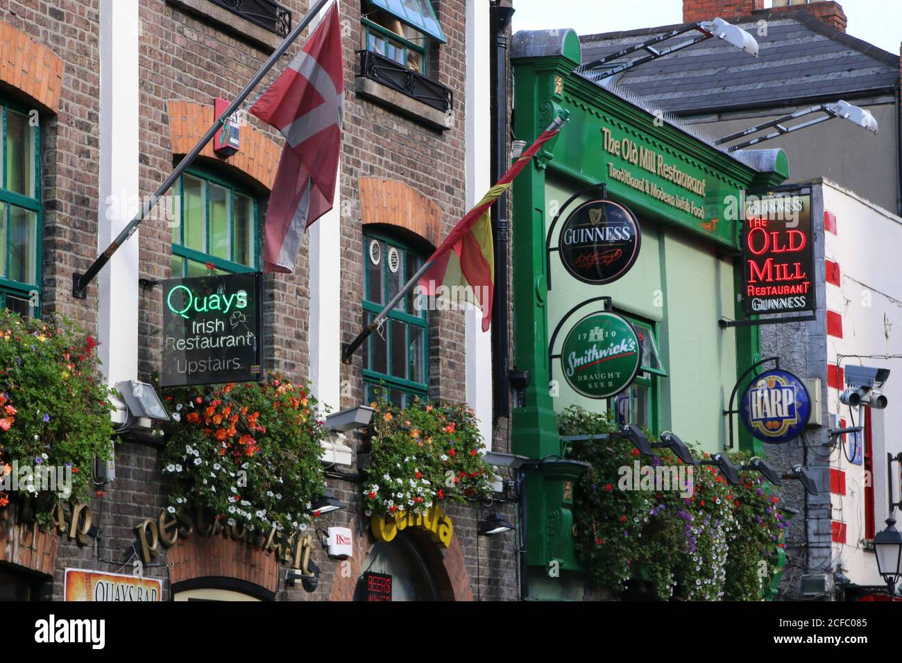 Facades of houses in Dublin's typical Irish pub district Stock Photo