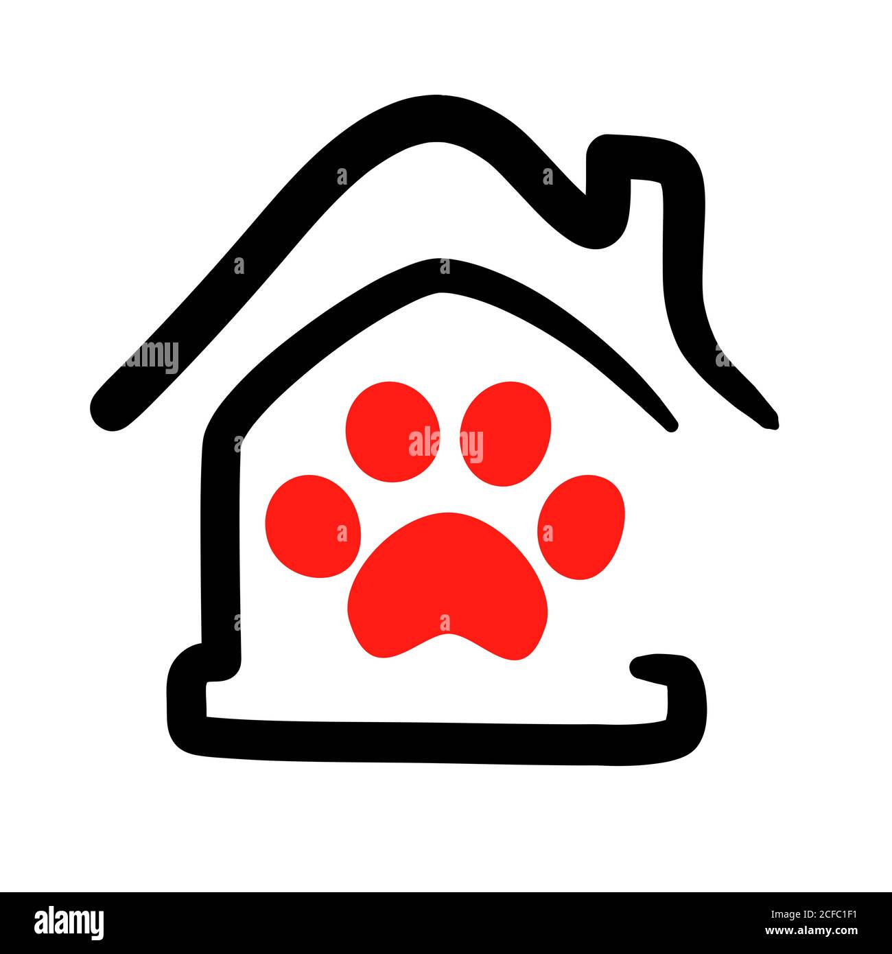 Pets home logo Isolated vector. Animal paw in outline house illustration. Zoo hotel graphic emblem. Dog sitter abstract sign. Pet icon for veterinary, shop, store or grooming service. Stock Vector