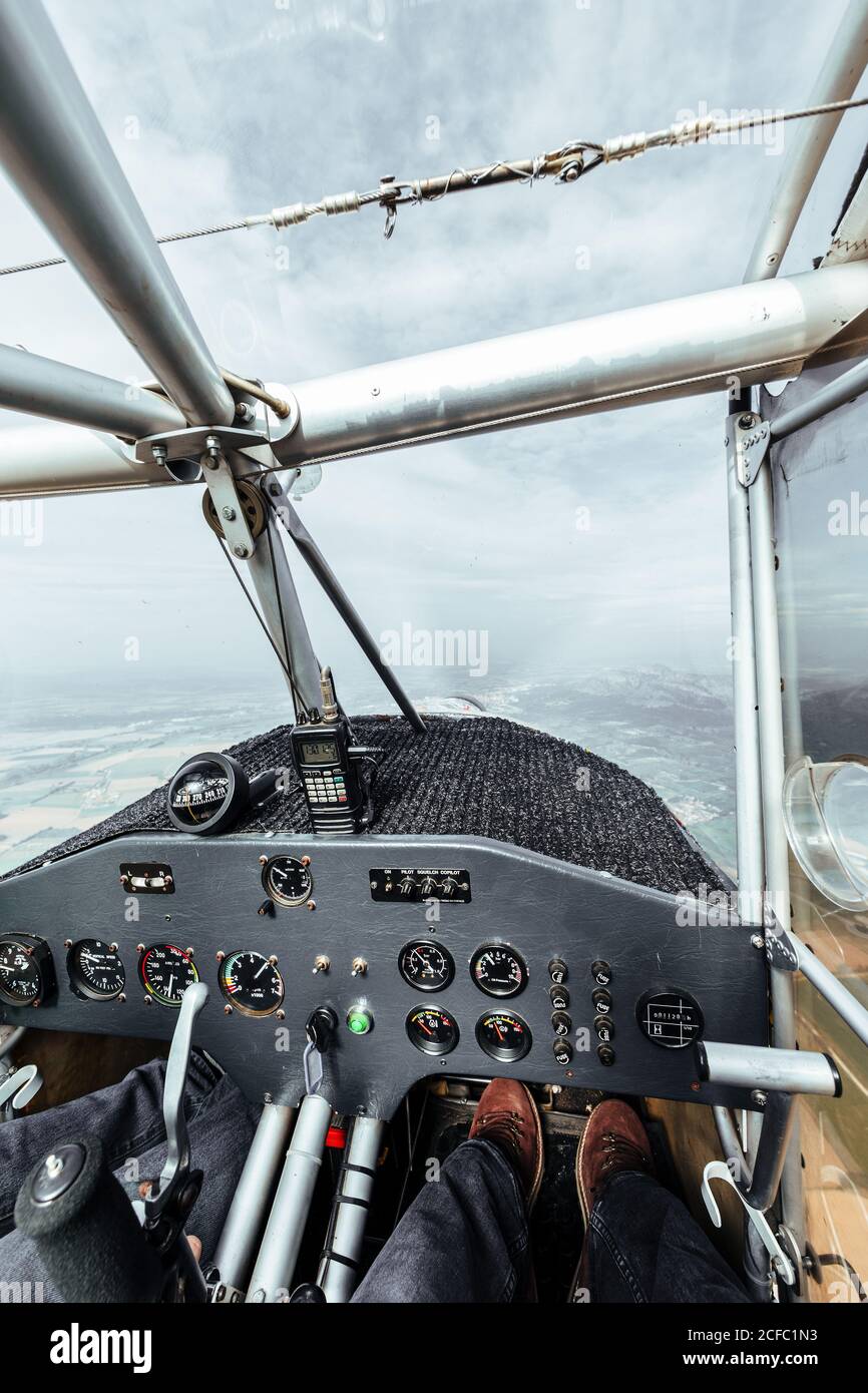 Aerial view from inside the cockpit of a small plane Stock Photo