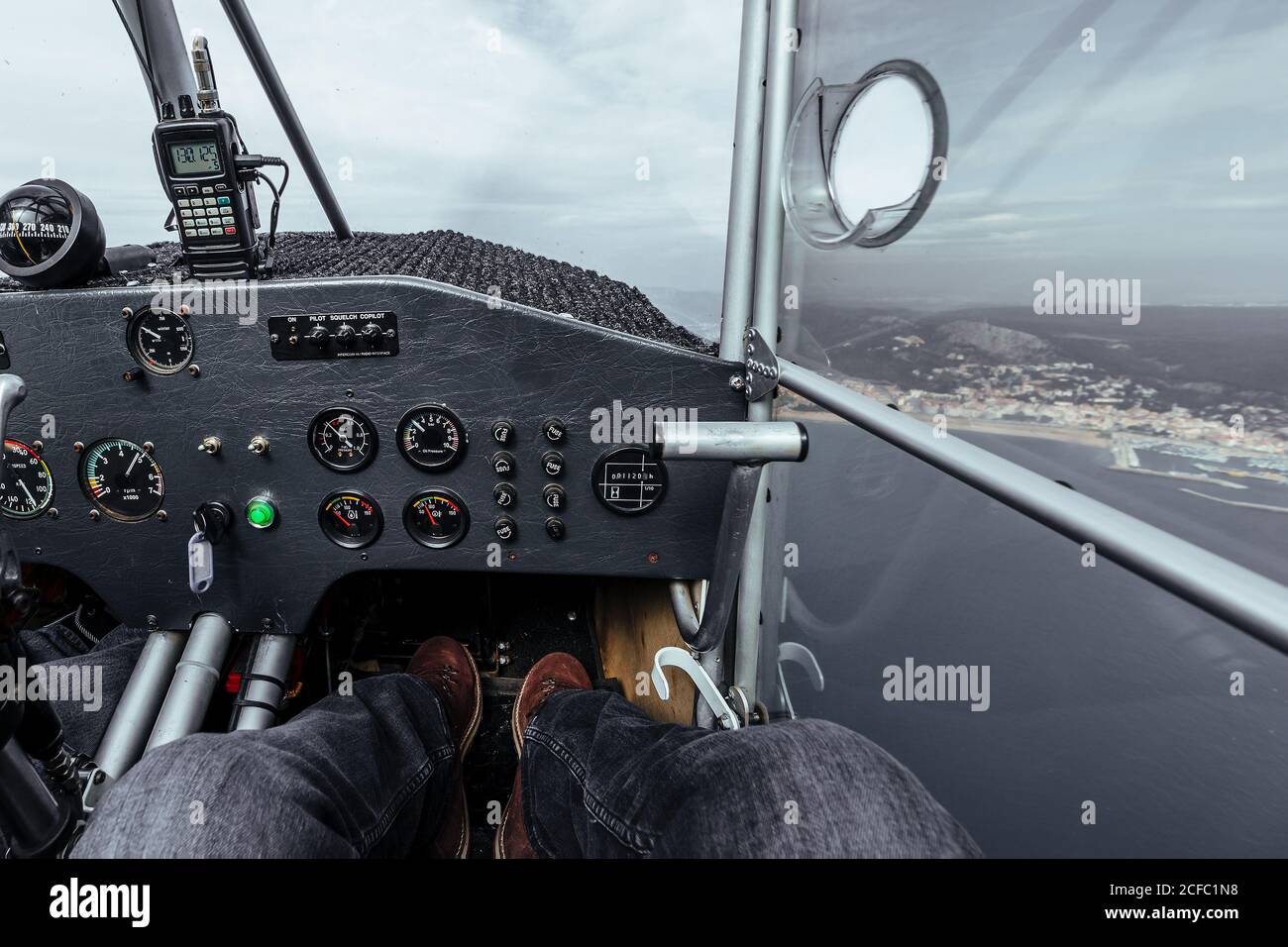 View of an instrument panel inside a cabin of a small plane Stock Photo