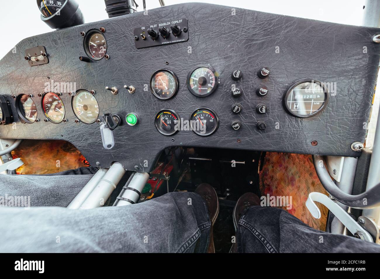 View of an instrument panel inside a cabin of a small plane Stock Photo
