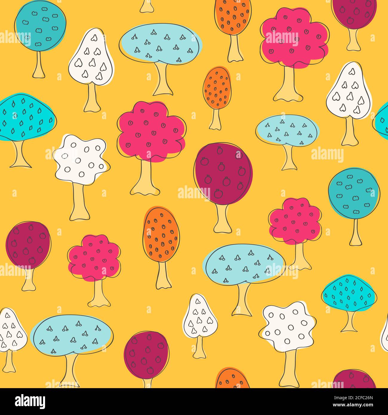 Garden pattern with different fruit doodle trees. Seamless vector background. Stock Vector