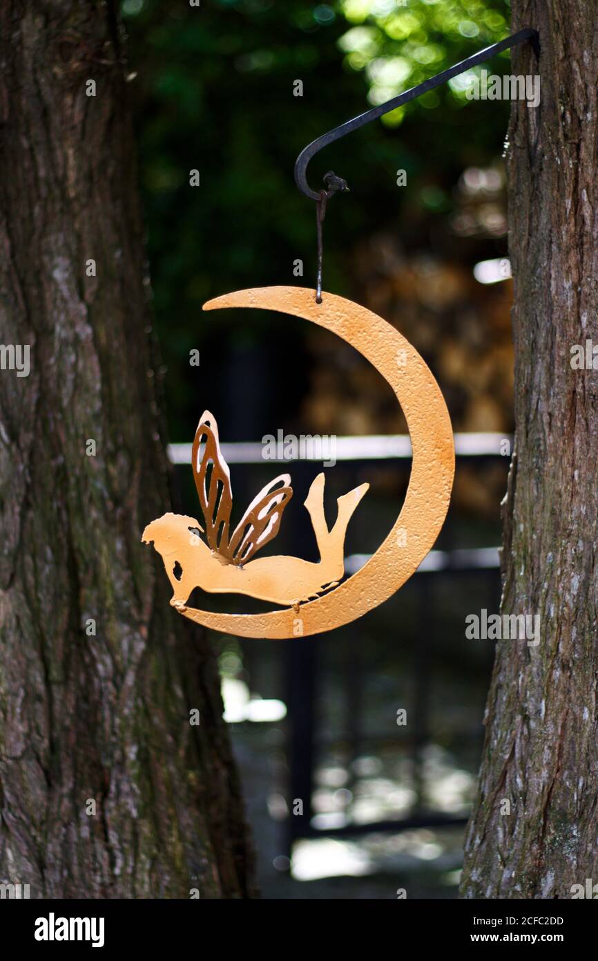 Fairy and Moon Hanging Ornament in a Tree, Hummerbeck, County Durham Stock Photo