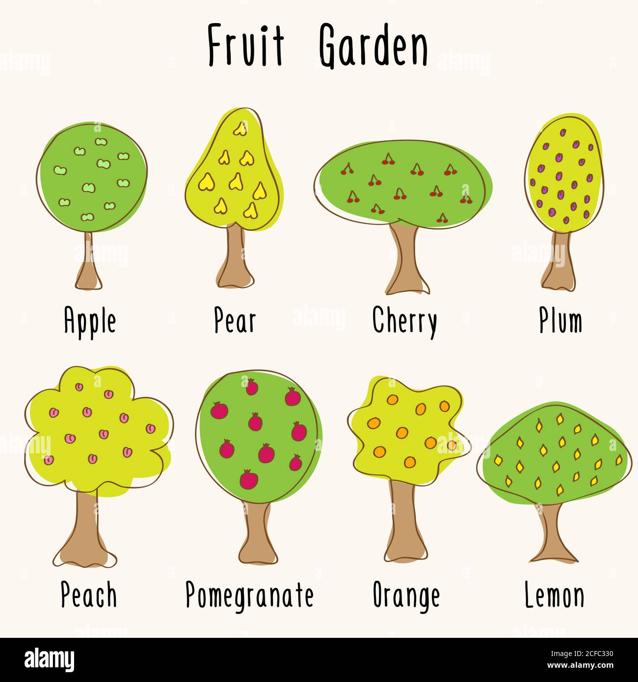 Different garden fruit trees - hand-drawn doodles. Vector illustration. Stock Vector