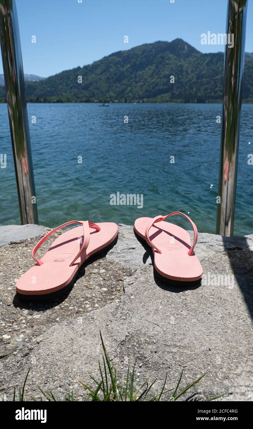 Flip flops on the lake Stock Photo