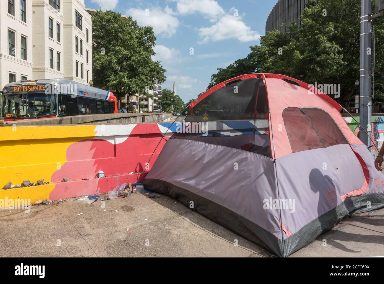 Homeless tent in Washington, DC with Washington Monument in distance. Stock Photo