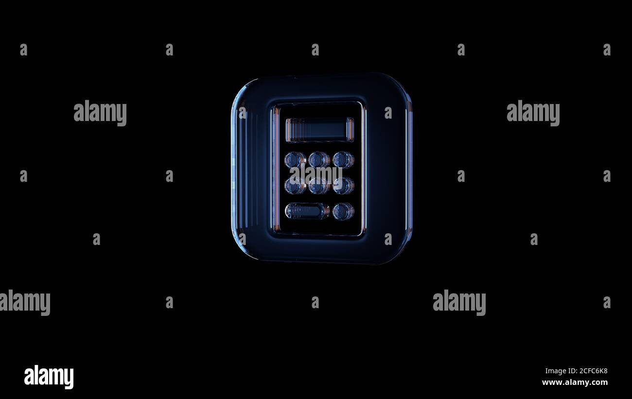 3d rendering glass icon of calculator app in iOS style isolated on black  background with light blue and orange reflection Stock Photo - Alamy