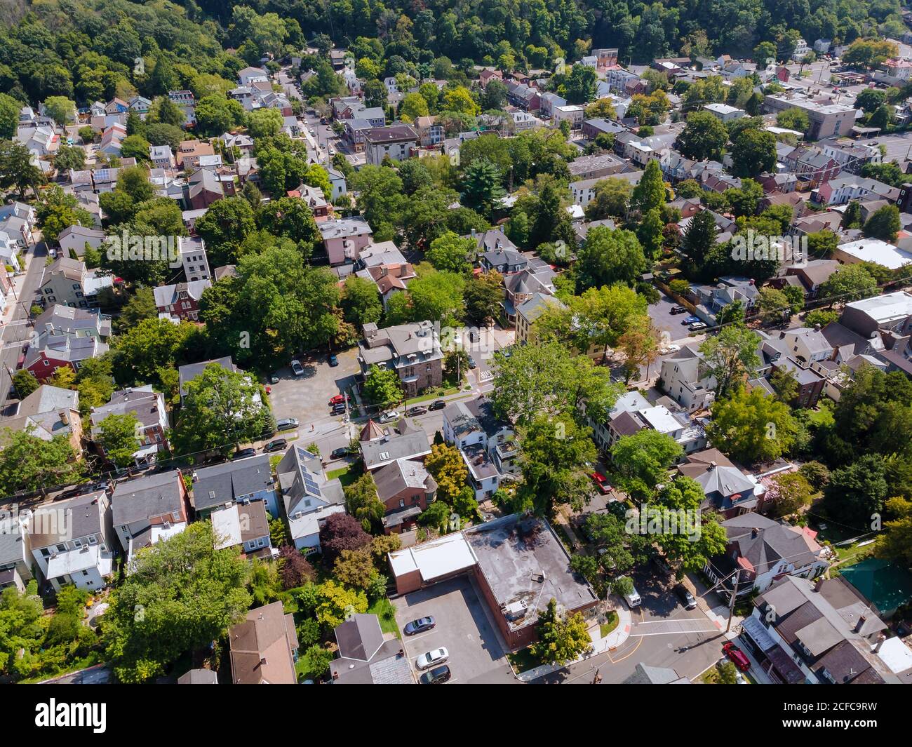 Panoramic view of a neighborhood in roofs of houses of residential area