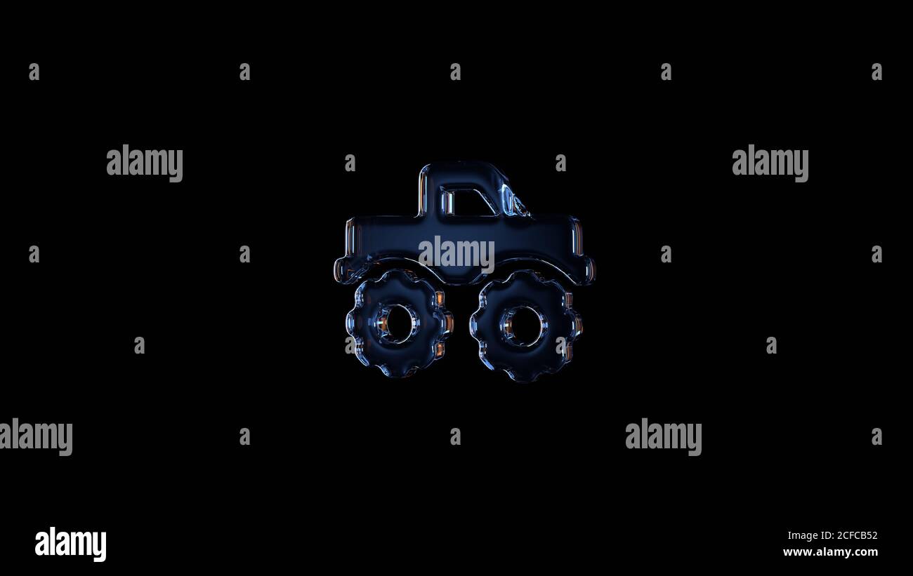 3d rendering glass symbol of monster truck isolated on black background with light blue and orange reflection Stock Photo