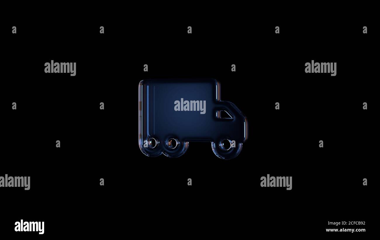 3d rendering glass symbol of moving truck isolated on black background with light blue and orange reflection Stock Photo