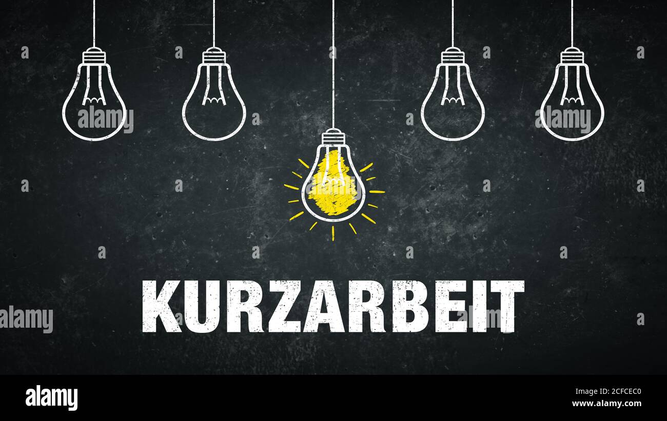 German term „Kurzarbeit“ on a blackboard with light bulbs. Translation: short-time work. Stock Photo